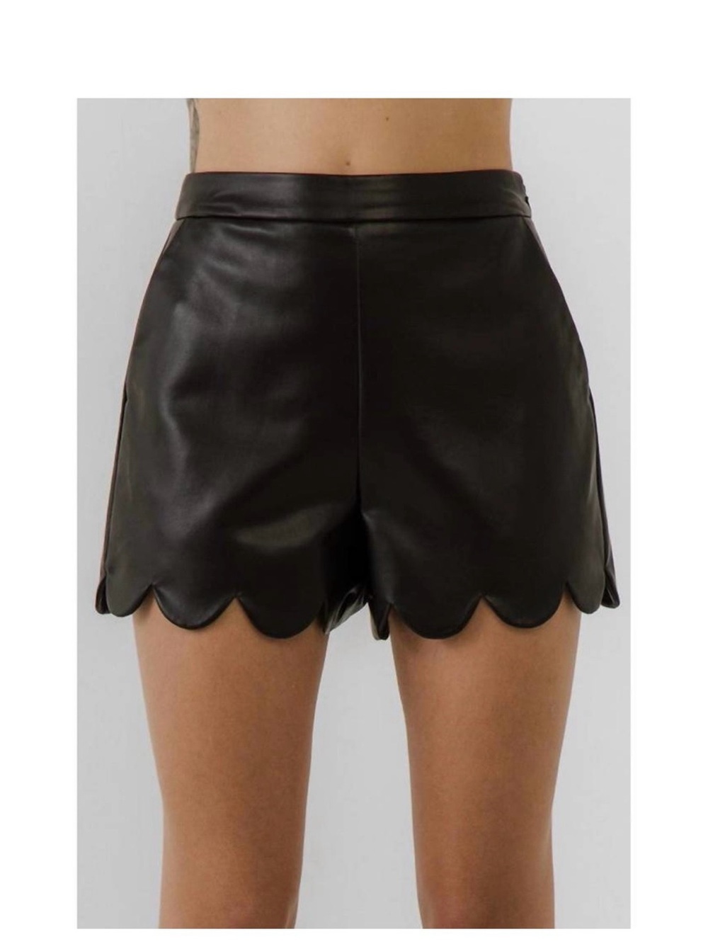 English Factory Aiden Black Scalloped Faux vegan Leather High-Waist Shorts